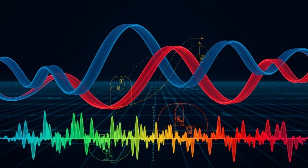 Representação visual abstrata da estratégia EMA + Estocástico mostrando convergência de indicadores técnicos para opções binárias