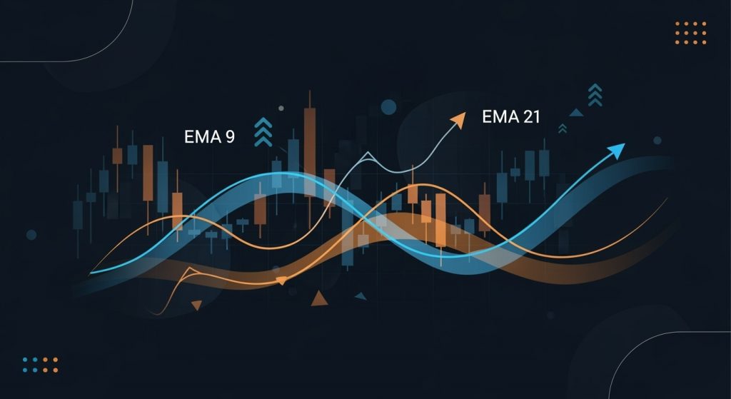 Ilustração abstrata mostrando cruzamento de médias móveis exponenciais MME 9 e 21 em tendência de alta, representando estratégia para opções binárias com sinais de continuidade e elementos gráficos de análise técnica em tons azul e laranja