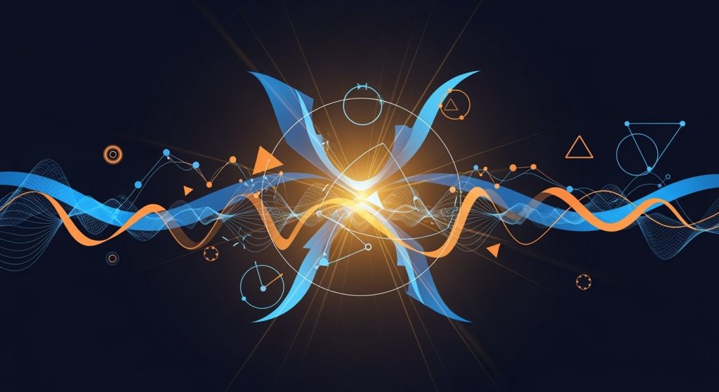 Ilustração abstrata da estratégia de 15 minutos para opções binárias mostrando indicadores MACD e MME com linhas de tendência e padrões de análise técnica em cores azul e laranja