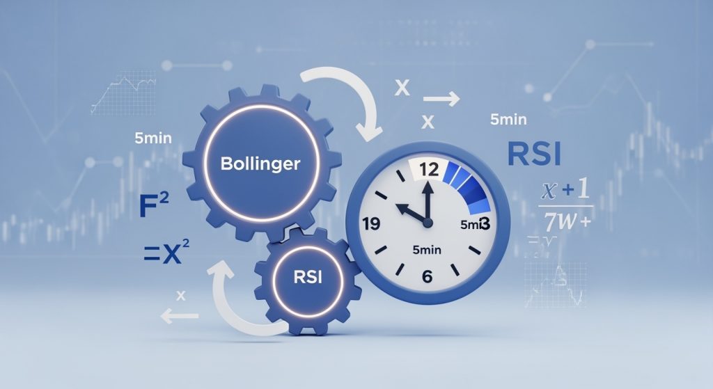 Ilustração conceitual mostrando a sinergia entre indicadores Bollinger Bands e RSI em estratégia de 5 minutos para opções binárias