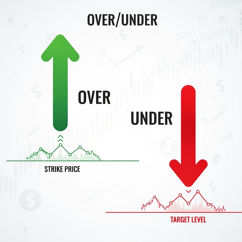 Infográfico explicativo dos conceitos Over e Under em opções binárias com setas indicando direções de entrada