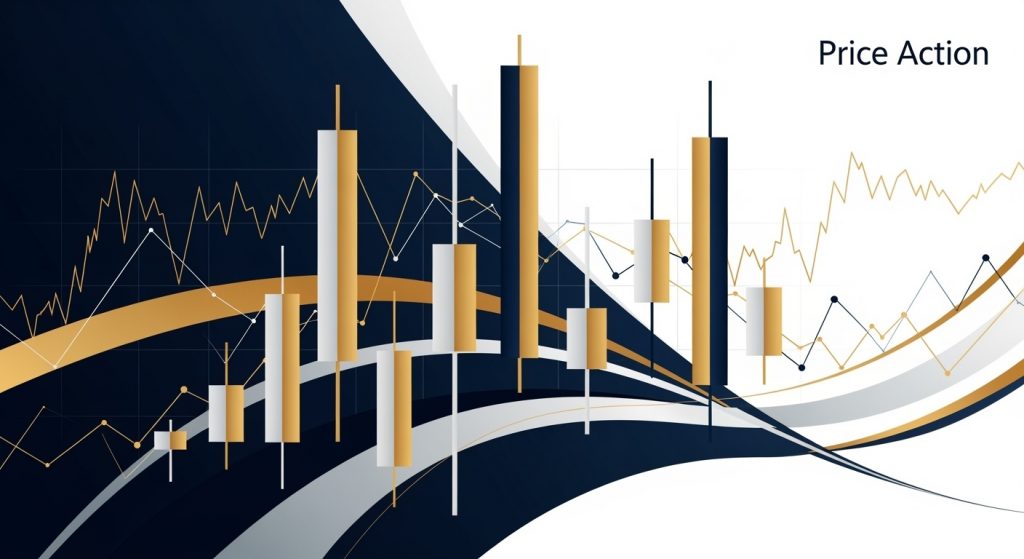 Ilustração abstrata mostrando padrões de pin bars em análise price action para estratégias de opções binárias, com gráficos estilizados em tons de azul e dourado representando movimentos de preço e níveis de suporte e resistência