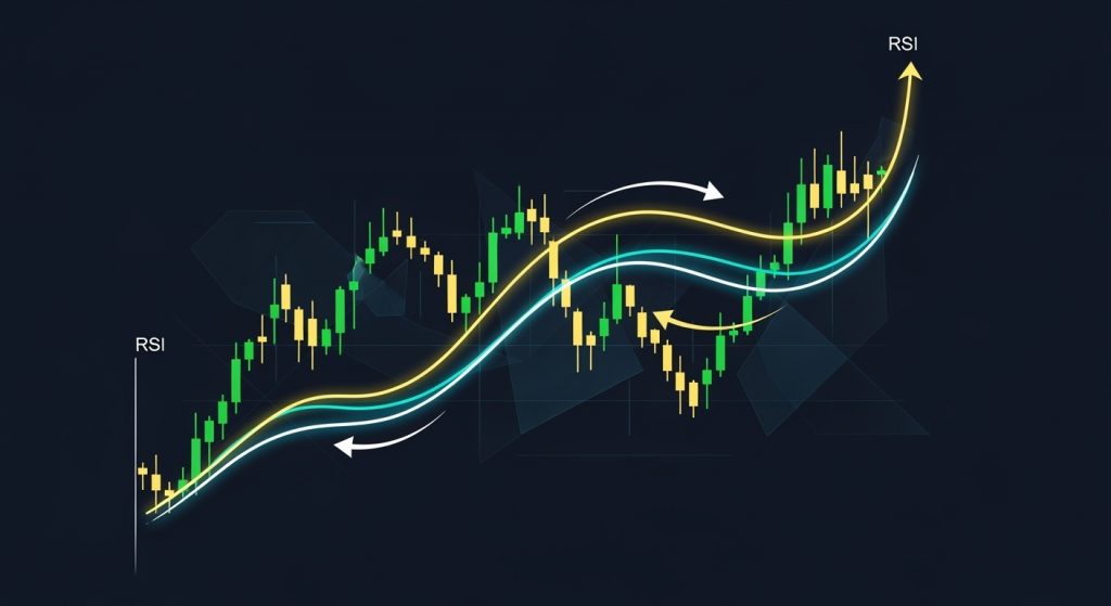 Ilustração abstrata da estratégia RSI + MME 9/21 para pullbacks em tendência nas opções binárias, mostrando gráfico de velas com médias móveis exponenciais e indicador RSI para o mercado brasileiro