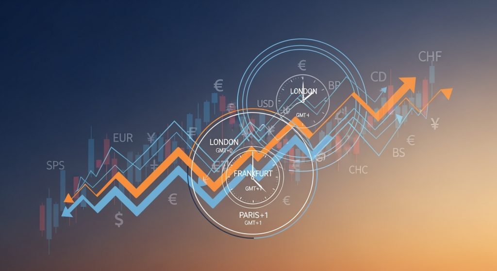 Ilustração abstrata da sessão Europa para opções binárias mostrando relógios europeus, símbolos de moedas EUR/USD/GBP/CHF, padrões de volatilidade e gráficos de candlestick representando estratégias de trading de 5-15 minutos