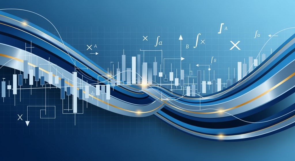Ilustração abstrata mostrando estratégia VWAP com bandas de reversão para opções binárias, representando zonas de valor e padrões de mercado em tons de azul e dourado