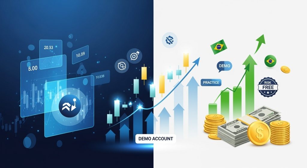 Ilustração abstrata mostrando conceito de conta demo para opções binárias, com gráficos de trading, elementos virtuais e reais em contraste, representando a transição segura do aprendizado para operações reais no mercado brasileiro