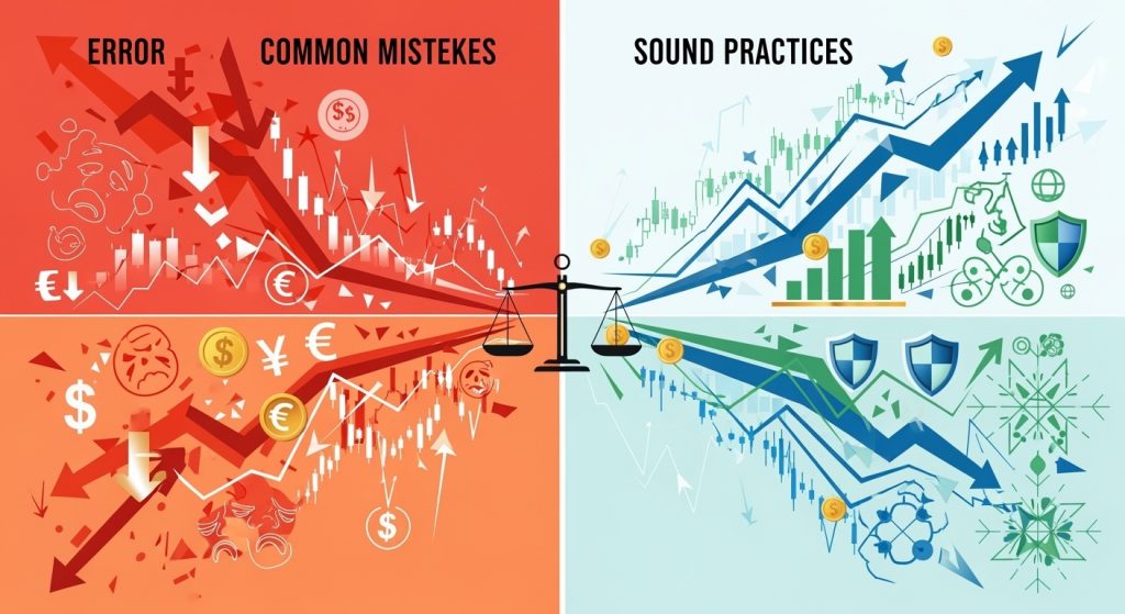 Ilustração abstrata mostrando a divisão entre erros comuns em opções binárias (lado caótico com elementos vermelhos e setas para baixo) versus práticas corretas de trading (lado organizado com elementos azuis e tendências ascendentes)