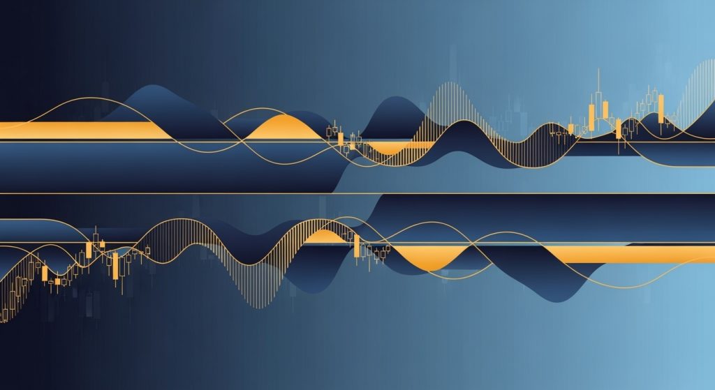 Ilustração abstrata representando estratégia de mercado lateral com Bandas de Bollinger para opções binárias, mostrando movimento de preços oscilando entre limites superiores e inferiores em tons azuis e dourados