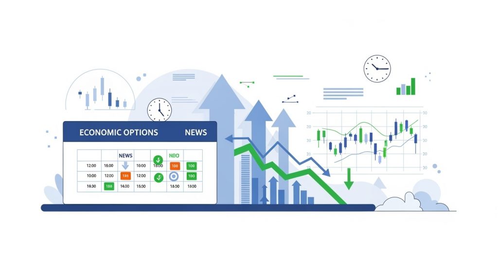 Ilustração mostrando calendário econômico com eventos destacados e setas indicando movimentos do mercado para estratégia de notícias em opções binárias