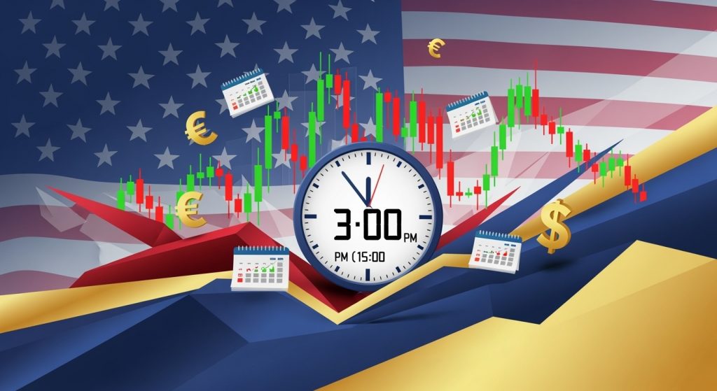 Ilustração abstrata da estratégia de trading para sessão americana mostrando gráficos de candlesticks, relógio indicando horário de pico e símbolos de volatilidade do mercado financeiro