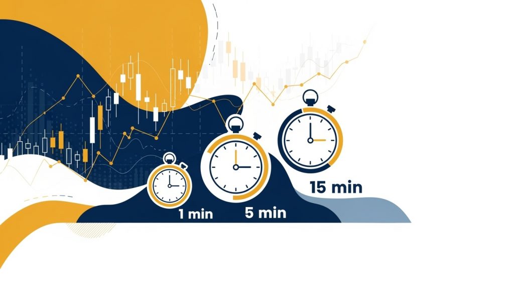 Imagem conceitual mostrando a comparação entre diferentes timeframes para trading de opções binárias, com elementos gráficos de análise técnica e símbolos de tempo em design moderno